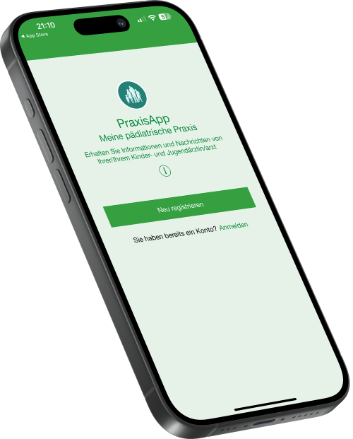 Ein Smartphone das die Praxisapp: Meine pädiatrische Praxis zeigt.